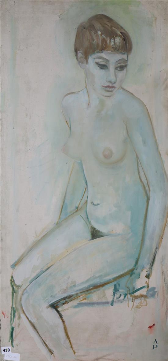 Alex Portner, oil on canvas, Seated female nude, initialled and dated 1966 verso, 116 x 56cm